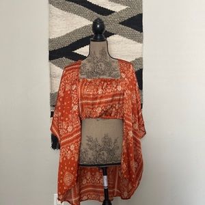 burnt orange Janet Chung matching crop top and blouse